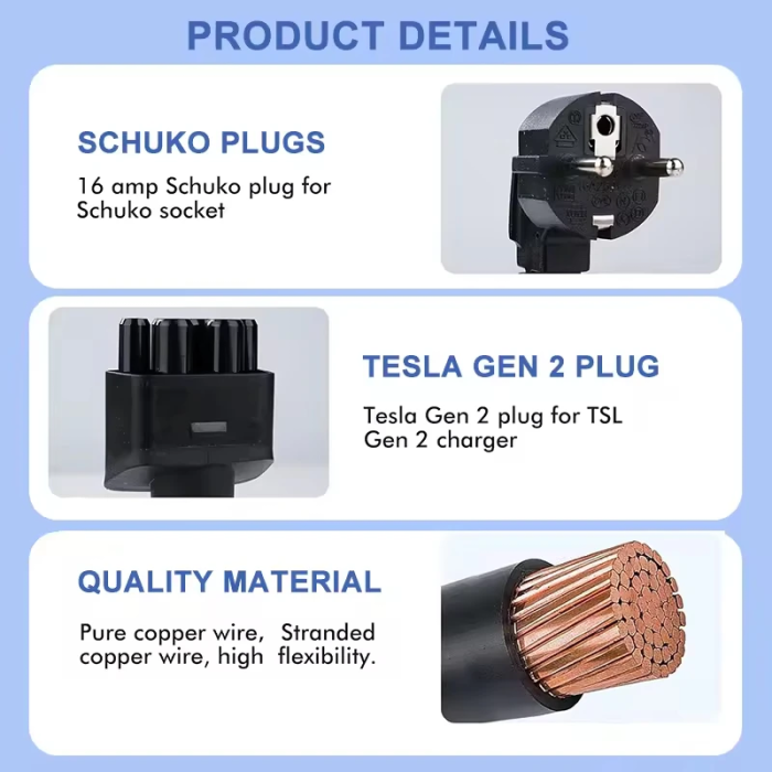 Перехідник для зарядки Tesla 32A (хвіст) - EU Schuko 16A 3,5кВт