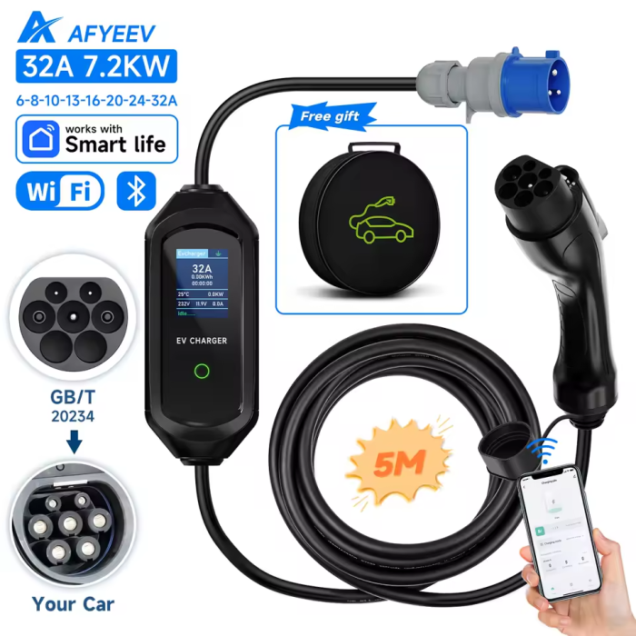 Зарядка для електромобіля Afyeev 7 кВт 32 A, GB/T Wi-Fi, APP Bluetooth Control, кабель 5 метрів