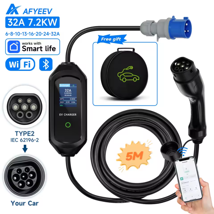 Зарядка для електромобіля Afyeev 7кВт 32A, Type2 Wi-Fi, APP Bluetooth Control, кабель 5 метрів