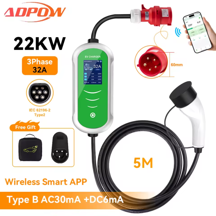 Зарядка для електромобіля ADPOW Wi-Fi 22 кВт Type 2 32A 3-фази
